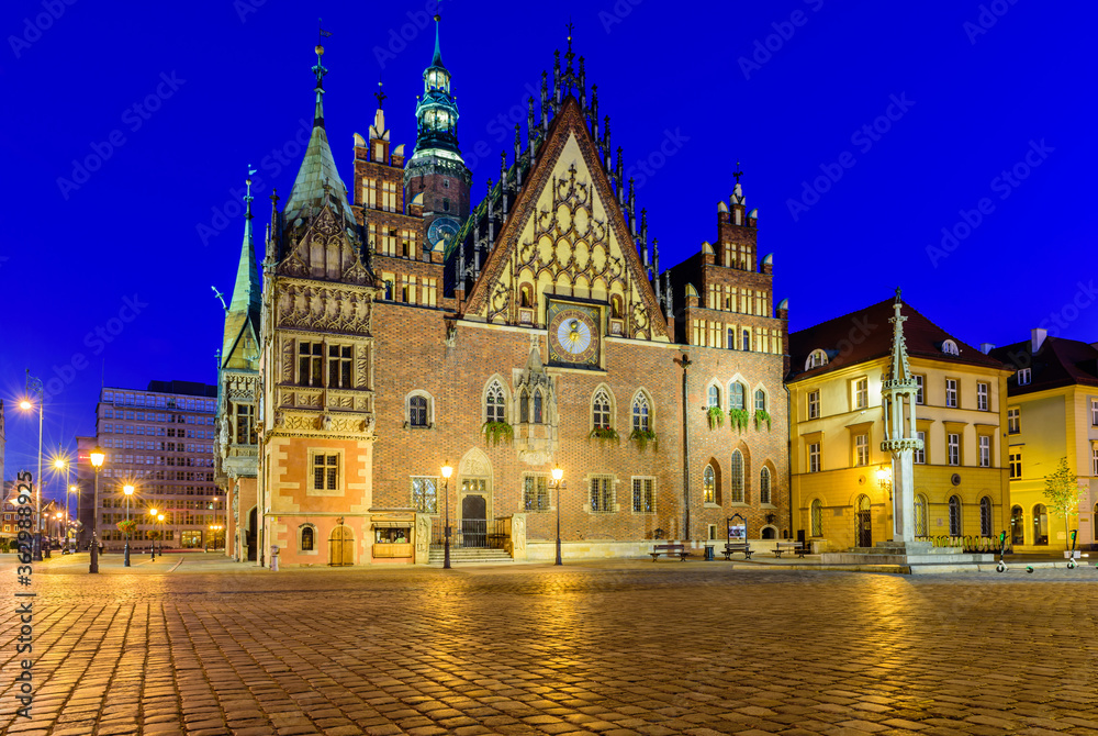 Sightseeing of Poland. Market square in Wroclaw old town, beautiful night view