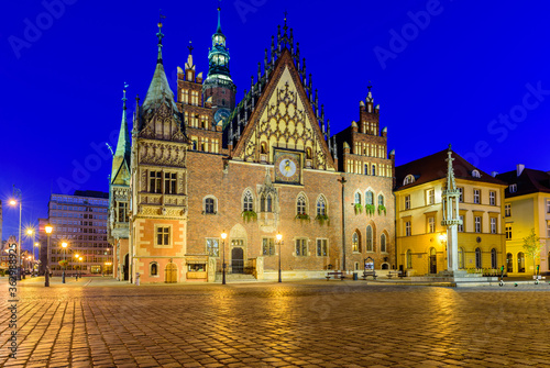 Sightseeing of Poland. Market square in Wroclaw old town, beautiful night view