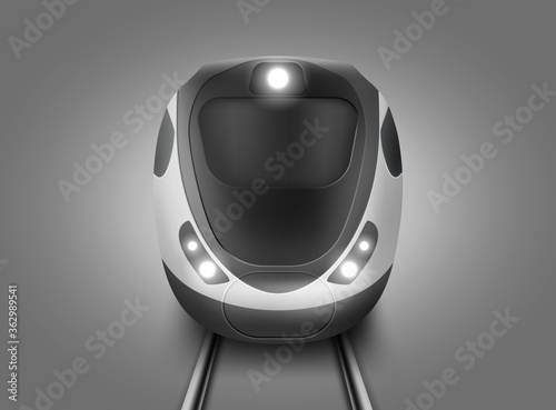 Modern subway train front view. Vector realistic illustration of front wagon of passenger speed train and rails. Underground electric railway transport for city or suburban commute