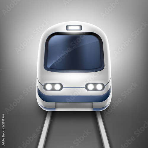 Train or metro, front view, subway locomotive on rails with windshield and illumination. Modern city transport, railway commuter isolated on gray background, Realistic 3d vector illustration
