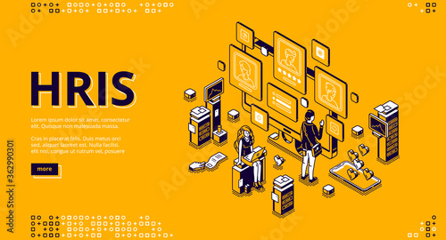 Hris isometric landing page. Human resources information system IT and HR technologies, people at multiple screens with software for employees organization and store data 3d vector line art web banner