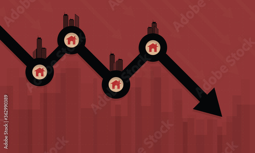 Concept of decline in real estate business and properties market price crisis. Design by financial chart of value going down with homes and condiminium buildings. Vector illustration background