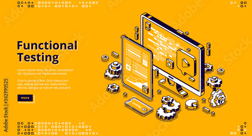 Software testing isometric landing page. Functional test, mobile application and website platform development, dashboard usability optimization for computer and tablet pc 3d vector line art web banner