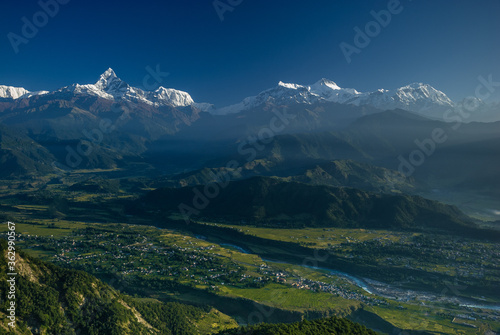 Magnificent Annapurna mountain range as seen from Sarangkot village, Pokhara, Nepal Himalaya, Nepal. 
