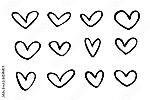 Vector set of contours of hearts isolated on white background. Symbol of love. Simple illustration for Valentine' Day or web design. Hand drawn, cartoon style