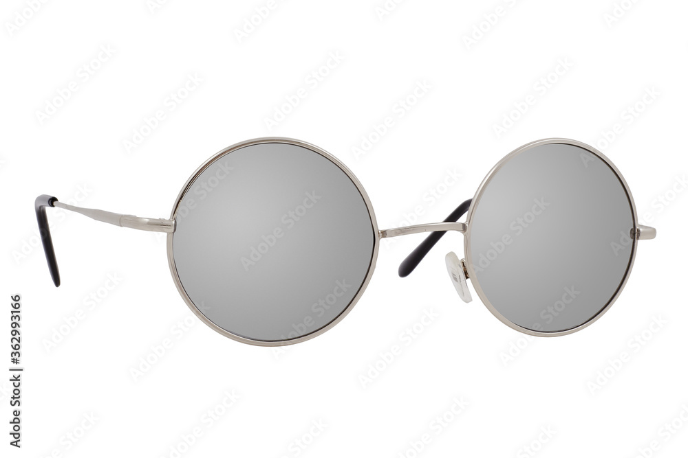 Round sunglasses with a silver frame and mirror lenses isolated on white background.