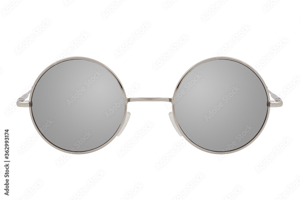 Round sunglasses with a silver frame and mirror lenses isolated on white background.