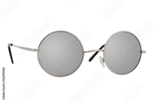 Obraz na płótnie Round sunglasses with a silver frame and mirror lenses isolated on white background. w salonie