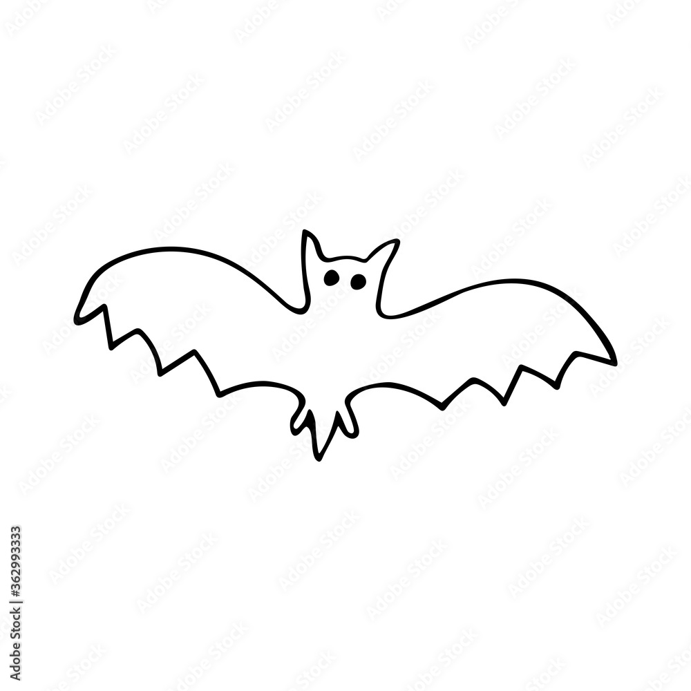 Bat in doodle style. Black and white vector illustration. Nocturnal animal. Halloween