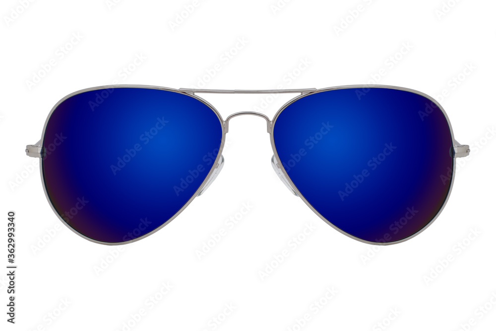 Silver sunglasses with Blue mirror lens isolated on white background