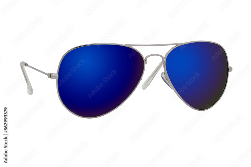 Silver sunglasses with Blue mirror lens isolated on white background