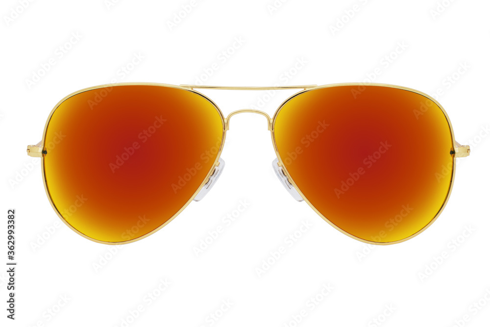 Gold sunglasses with red-orange mirror lens isolated on white background