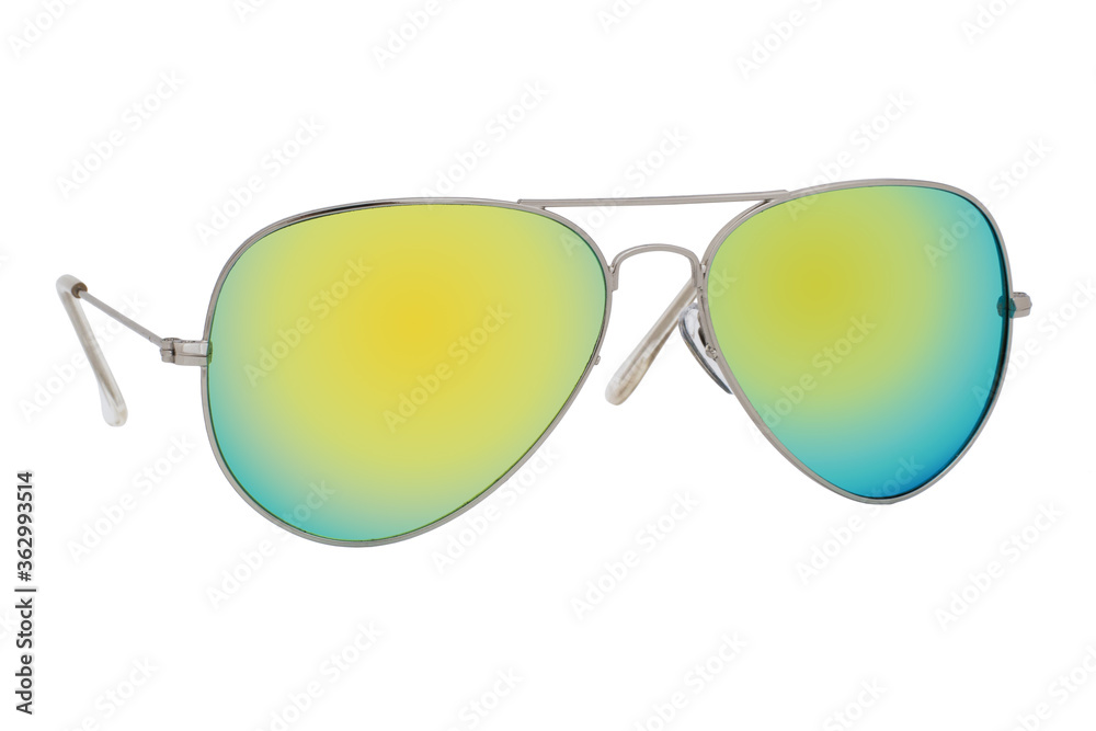 Sunglasses with a silver frame and yellow mirror lens isolated on white background.