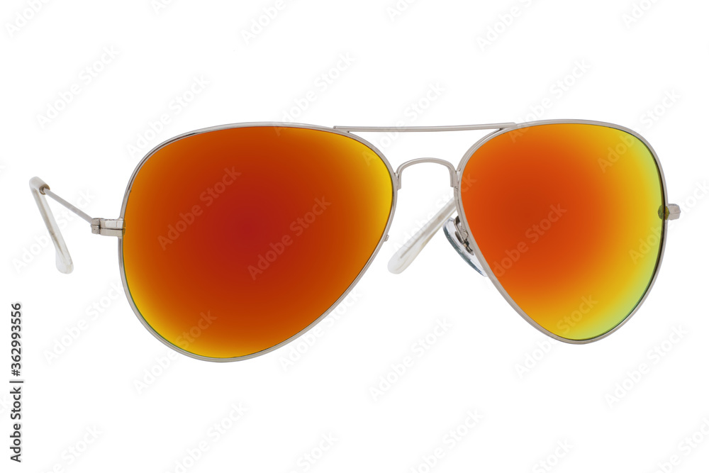 Sunglasses with a silver frame and red-orange mirror lens isolated on white background