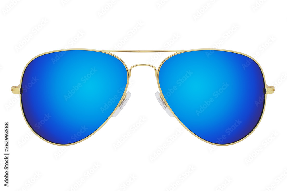 Sunglasses with a gold frame and blue mirror lens isolated on white background.