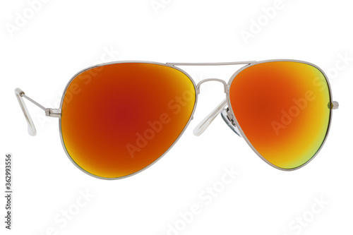 Sunglasses with a silver frame and red-orange mirror lens isolated on white background