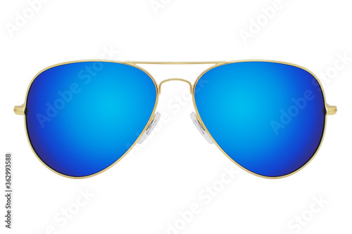 Obraz na płótnie Sunglasses with a gold frame and blue mirror lens isolated on white background. w salonie