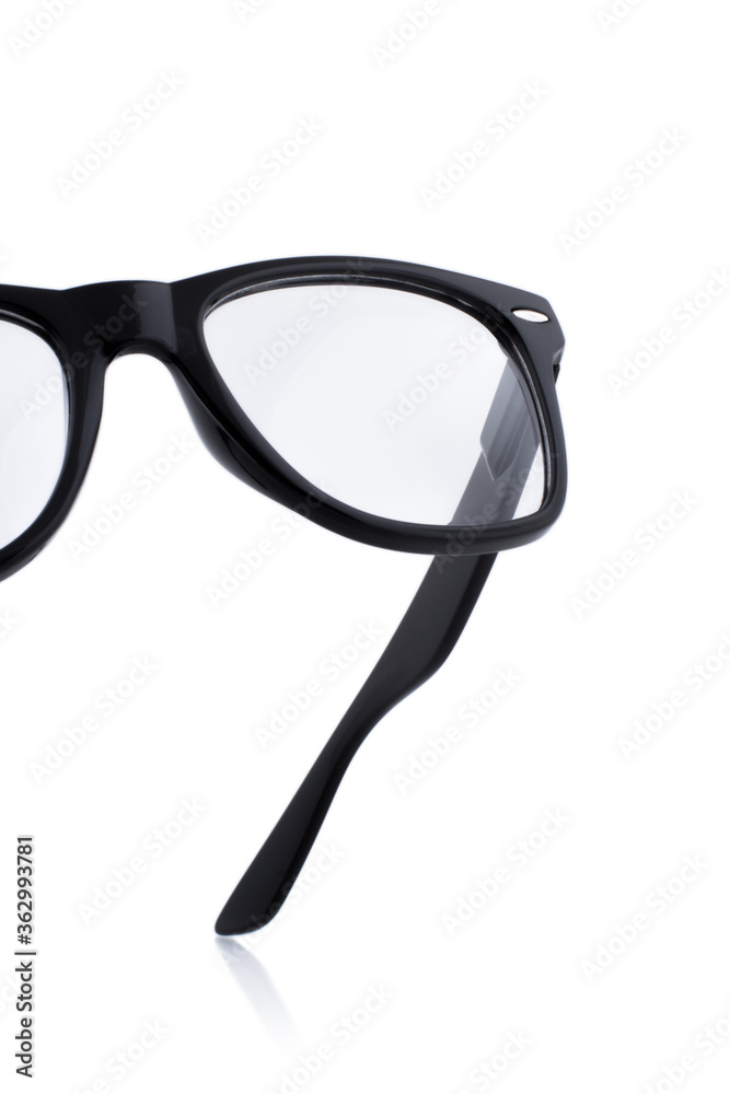 Black glasses with transparent lenses isolated on white background