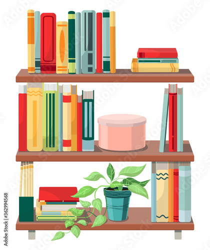 Different colorful books in room library. Vector illustration with plant, magazines, round box and school books standing on a shelf. Сoncept of library background isolated on white background.