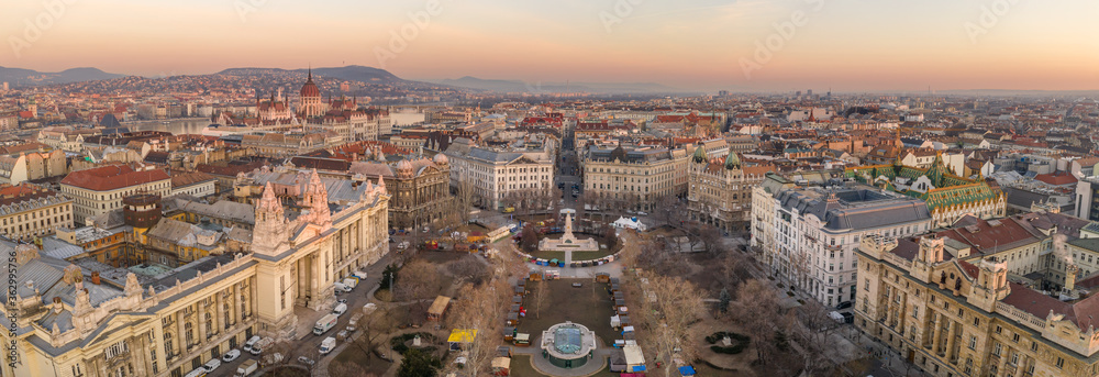 Panoramic aerial drone shot of Liberty Square Budapest downtown before sunrise