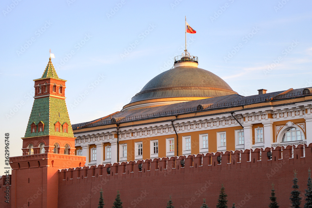 Moscow Kremlin, the dome of the Senate Palace with the Russian flag.
