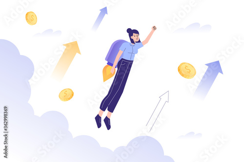 Start up and Boosting New Business concept. Business woman flying up with a jet pack. The way to achieve the goal. Move up motivation. Isolated vector illustration for banner, poster, social media