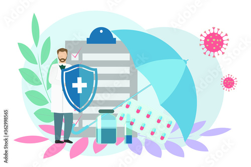 Fight and protect COVID-19 Coronavirus outbreak concept, Doctor ensures safety and protection during coronavirus pandemic concept. Medical and Healthcare Insurance concept esp 10