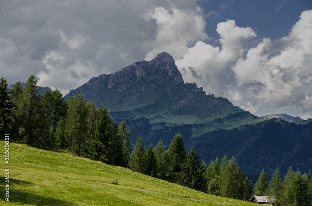Armentara meadows with Sass de Putia mountain on the trail to La Val, Alta badia, Dolomites, South Tyrol, Italy.