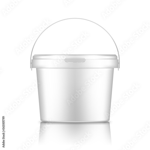 White bucket with handle mockup isolated from background: ice cream, yoghurt, mayonnaise, paint or putty container. Plastic package design. Blank food or decor product template. 3d vector illustration