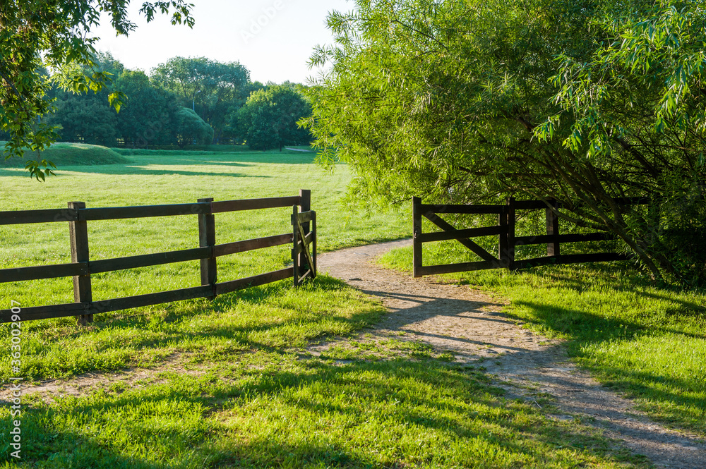 An old wooden cattle gate against the backdrop of a picturesque valley and a meadow with trees in the countryside, on a Sunny summer day.