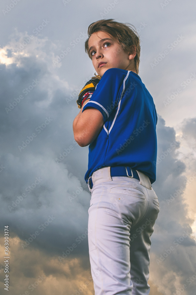 Young Youth Boy Baseball Player With Glove Outside