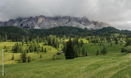 View of Armentara meadows from Roda de Armentara trail, at the foot of Sasso di Santa Croce/Kreuzkofel mountain in eastern Dolomites, Alta Badia, South Tirol, Italy. photo