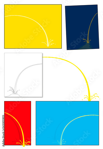 Comic pee set. Urine stream collection in colored frames. Isolated vector illustration on white background, cartoon style.

