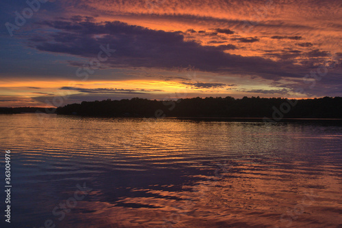 summer sunset over lake with reflection in water
