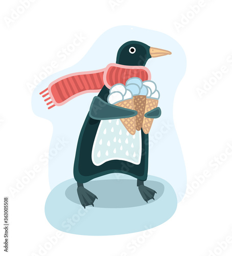 Vector illustration of penguin in the red scarf is holding ice cream