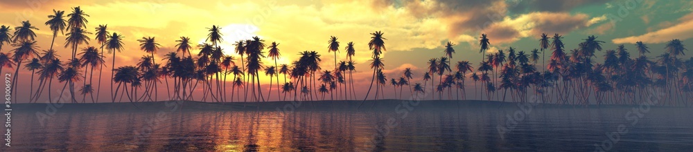 Palm trees over the water, a panorama of palm trees in a row at sunset by the sea, 3D rendering - obrazy, fototapety, plakaty 