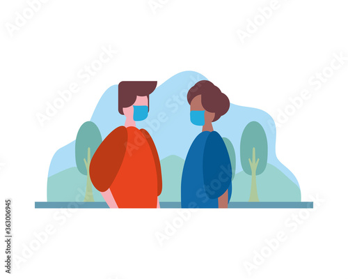 interracial young men wearing medical masks in the camp characters