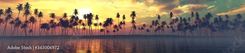 Palm trees over the water, a panorama of palm trees in a row at sunset by the sea, 3D rendering