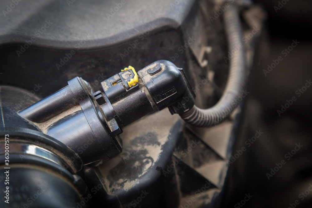 Engine with oil leaks. Old dusty motor close-up.