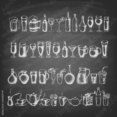 Set of different hand drawn beverages on the blackboard. Retro vintage style.Vector illustration.
