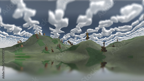 Question clouds over surrreal landscape. 3D rendering photo