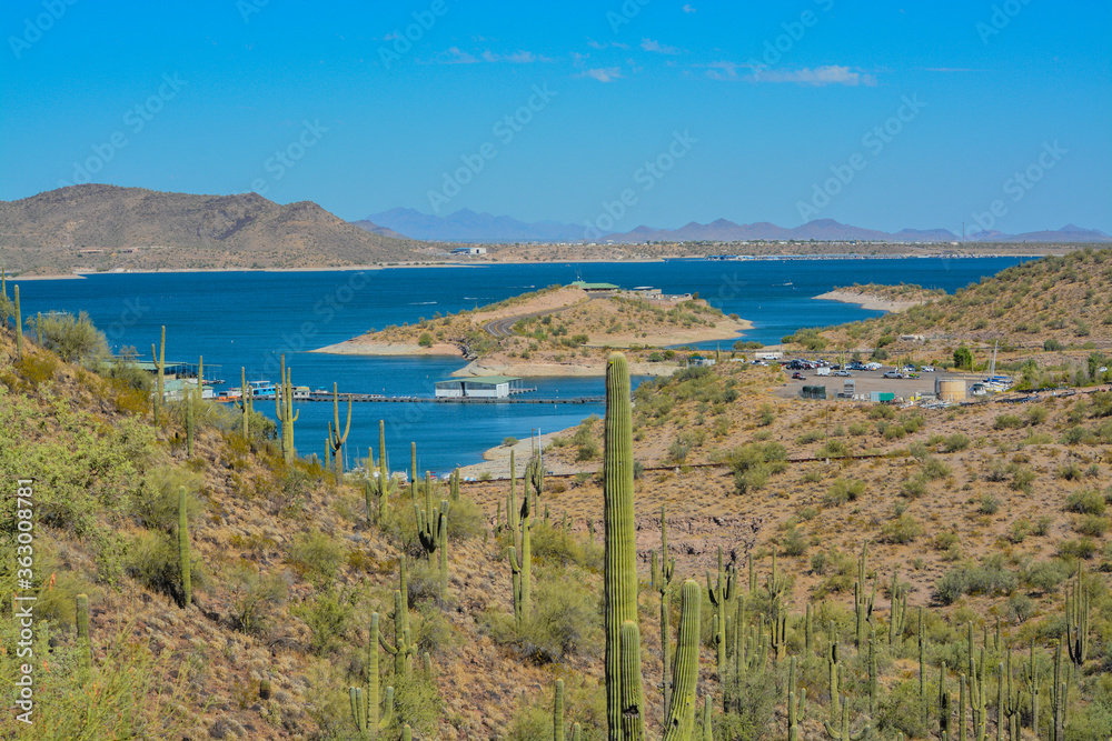 View of Lake Pleasant in Lake Pleasant Regional Park, Sonoran Desert, Arizona USA