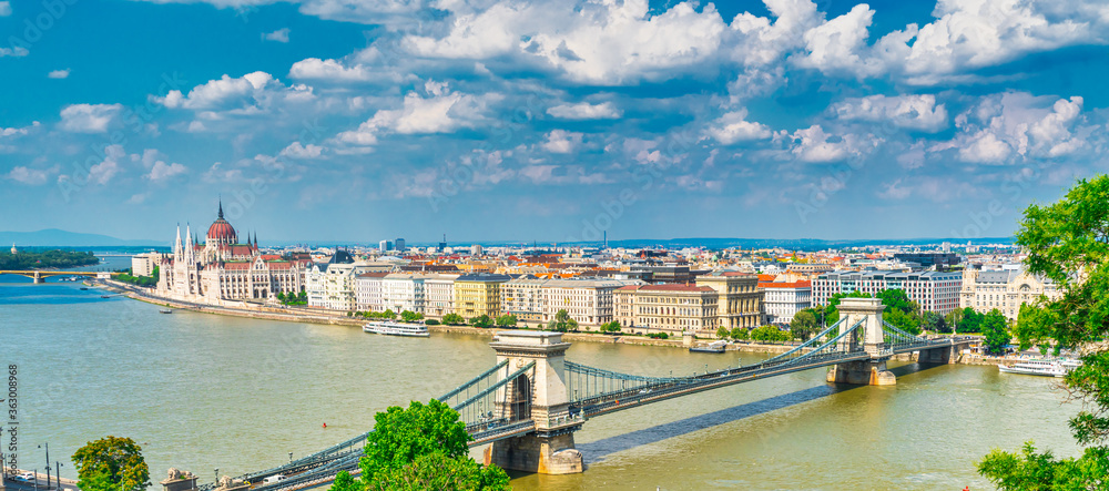 Fototapeta premium Budapest, Hungary - june 27th 2020 - Hungarian Parliament Building and a big part of the waterside of the Donau river during Corona time on a sunny day