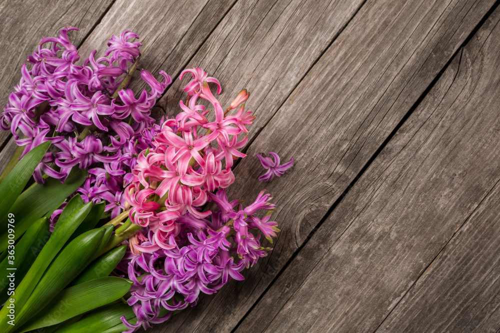 Purple flowers hyacinths on wooden background