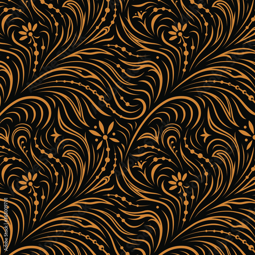 Seamless pattern. Russian traditional floral ornament in style of hohloma. Golden yellow on black. For fabric and decoration