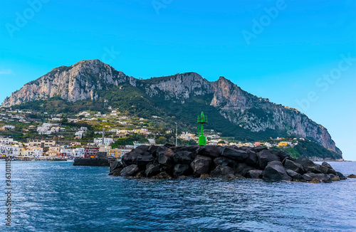 A view from the harbour of Marina Grande towards Mount Solaro and Anacapri on the island of Capri, Italy photo