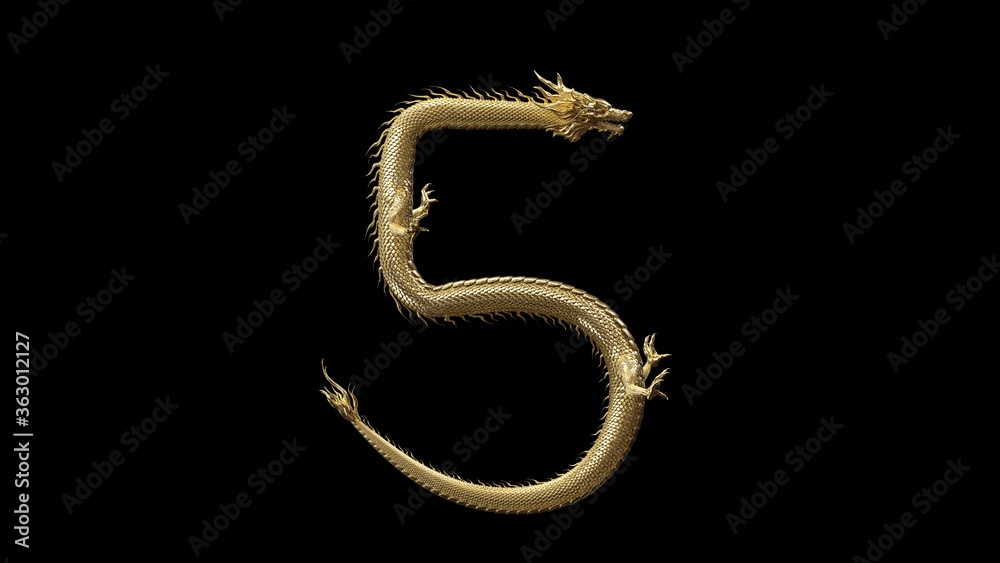 Fototapeta premium 3D Chinese Dragon pose in shape letter number five with 3d rendering,The legend animal from asia.