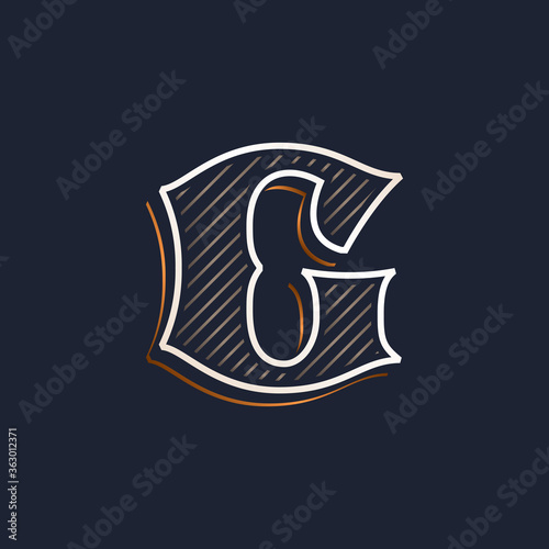 Vintage G letter logo with line decoration. Classic serif lettering.