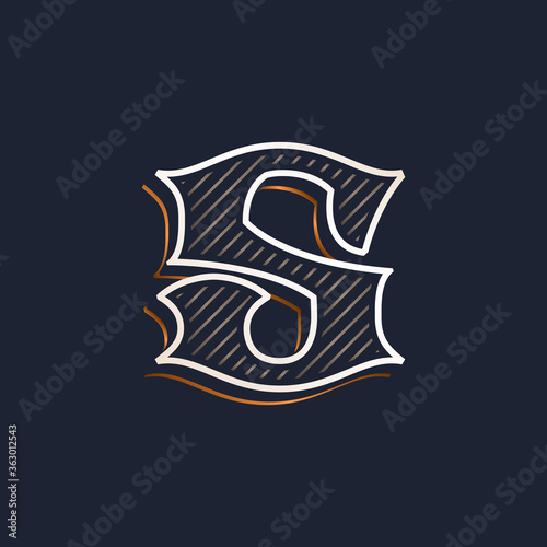 Vintage S letter logo with line decoration. Classic serif lettering.