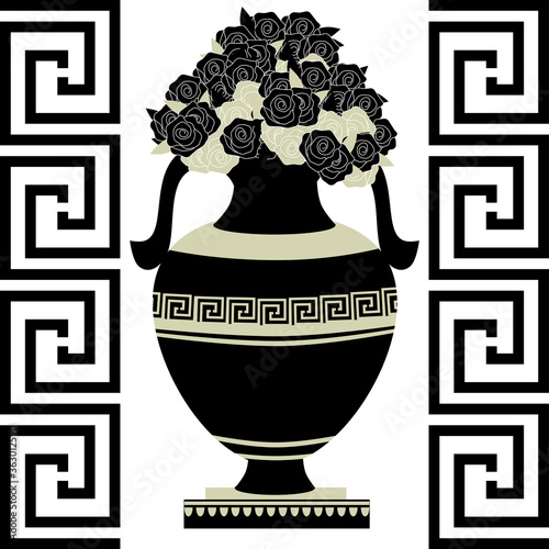 greek decorative ancient amphora and flowers, jug. vector illustration